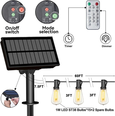 60FT Bulb 15 Stright Solar String Lights Outdoor Weatherproof with Remote, Solar Powered LED Edison Sockets Outdoor