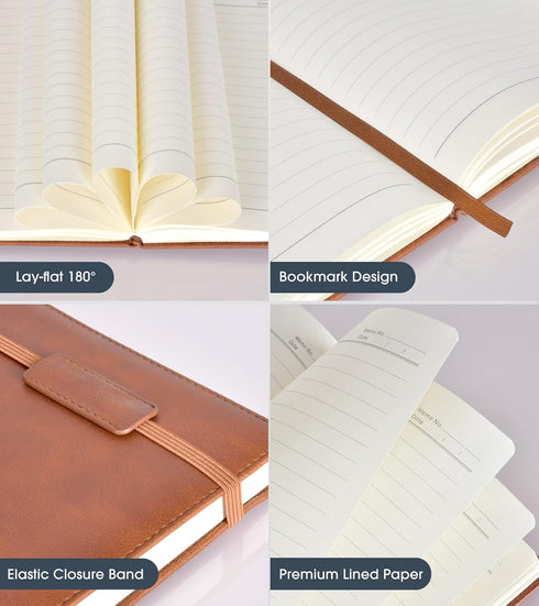 Lined Journal Notebook for Men Women, 256 Pages, A5 Hardcover Leather, College Ruled for Writing, Travel, Work, Brown