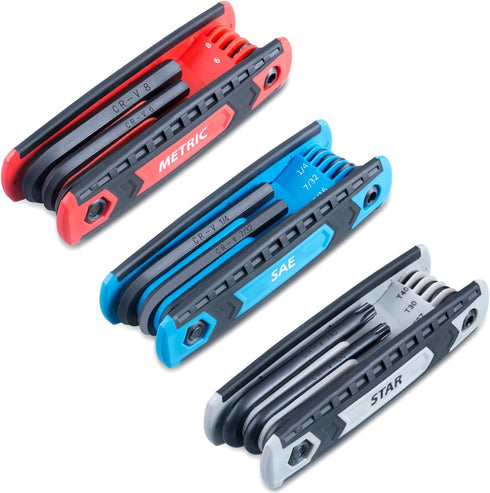 25-Piece Complete Folding Hex Key Wrench Set, Metric 1.5mm - 8mm, SAE 5/64 - 1/4 , Star T9 - T40 | Cr-V Steel, Precise and Chamfered Tips | 3 Pack All-Purpose Portable and Compact Allen Wrench Tools by EFFICERE