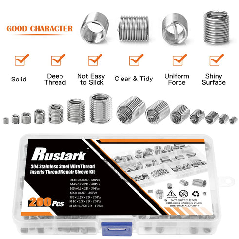 200 Pcs Wire Thread Inserts Kit, 304 Stainless Steel Metric M3 M4 M5 M6 M8 M10 M12 Helicoil Thread Repair Kit