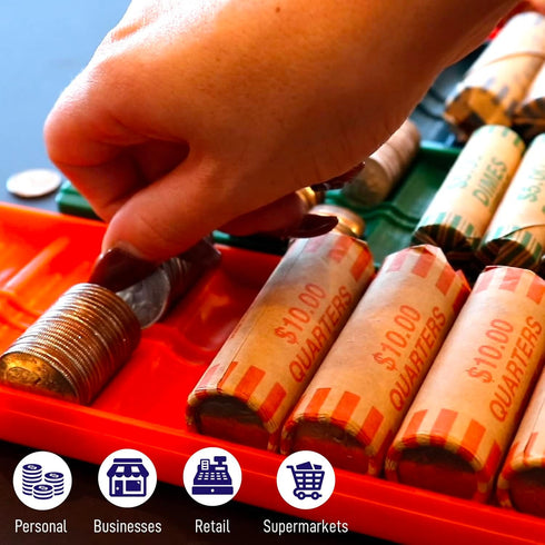 Set Nadex Rolled Coin Storage Organizer Tray with Ridges for Loose Coins | Quarters, Dimes, Nickles, and Penny Color