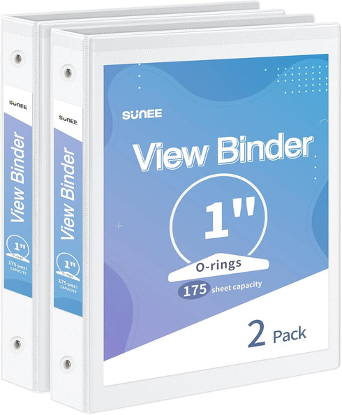 SUNEE 3 Ring Binder, 1 Inch, 2 Pack, Clear View PVC-Free for School or Office Supplies, White Binder