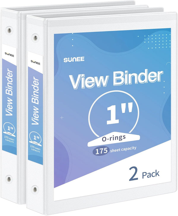 SUNEE 3 Ring Binder, 1 Inch, 2 Pack, Clear View PVC-Free for School or Office Supplies, White Binder
