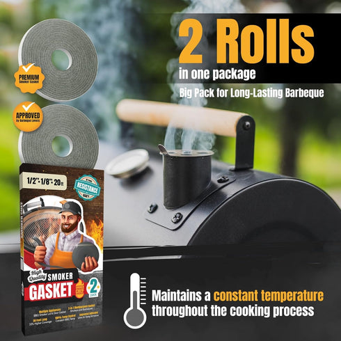 XXL 20 FT Smoker Gasket Seal, 1/2’’ x 1/8’’ Hi-Temp Grill Gasket, 2-Pack Self Stick Grey Nomex Seal