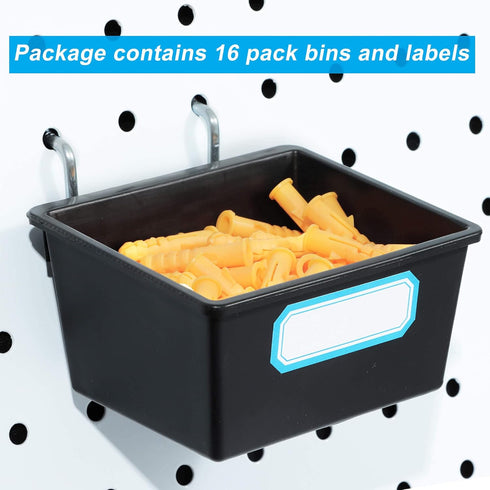 FRIMOONY 16 Pack Pegboard Bins, Organizing Accessories with Hooks and Labels, Black