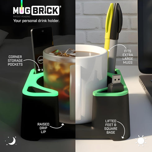 MugBrick Glowing Portable Silicone Cup Holder for Bed, Couch, Nightstand. Dishwasher Safe, Non-Spill Drink Holder