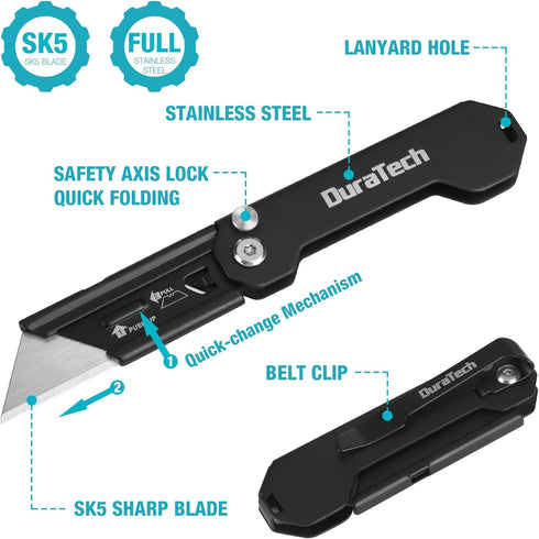 DURATECH 2-Pack Folding Utility Knife, Mini Box Cutter with Safety Axis Lock, Belt Clip, Quick-change Blade Mechanism, Full Stainless Steel Body and SK5 Sharp Blade, EDC Pocket Knife Gifts for Men by DURATECH