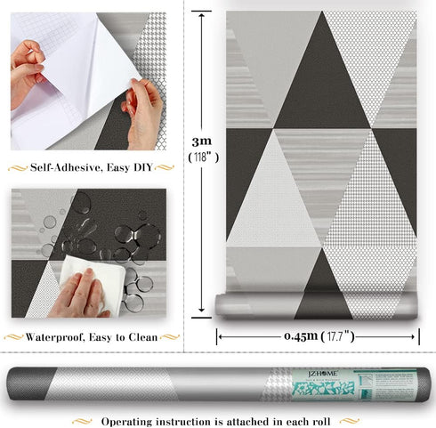 Y1337 Peel and Stick Wallpaper 17.7" x 9.8ft, Gray Geometric Triangle Self Adhesive Contact Paper for Home Decor