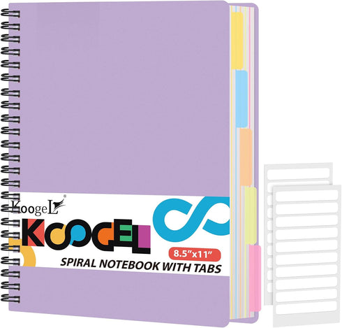 Koogel Hardcover Spiral Notebook with Tabs, 8.5x11inch, College Ruled Journals with Dividers, Perforated Edges, Purple