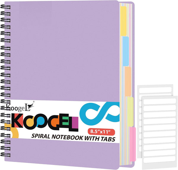Koogel Hardcover Spiral Notebook with Tabs, 8.5x11inch, College Ruled Journals with Dividers, Perforated Edges, Purple