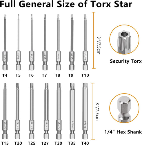 MulWark 14PC Security Torx Bit Set 3" Long Tamper Proof Star Screwdriver Bit Set 1/4" Hex Shank S2 Steel T4 - T40 Magnetic Impact Driver Drill Bits by MULWARK