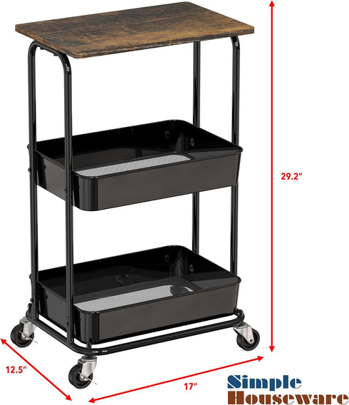 Simple Houseware 2-Tier Rolling Utility Cart with Top Board, Rustic Brown