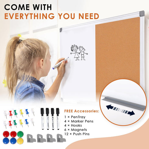Dry Erase Board Cork Board Combo, 24"x18", Magnetic White Board and Bulletin Pin Board, Silver Frame