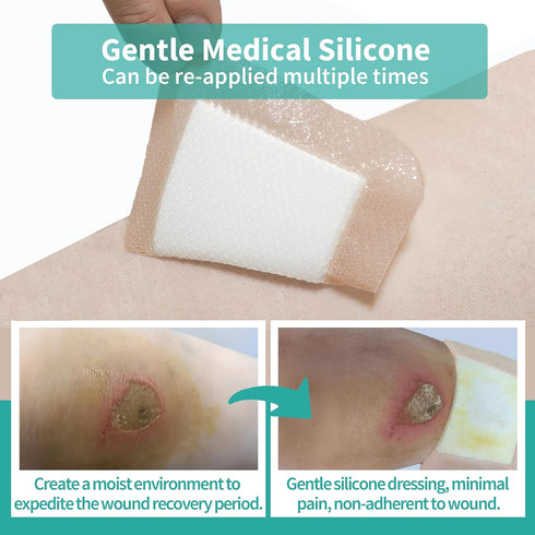 6" 6", 5 Pack Ourmed Silicone Foam Dressing with Border Adhesive - Large Absorbent Waterproof Bandage for Wound Care