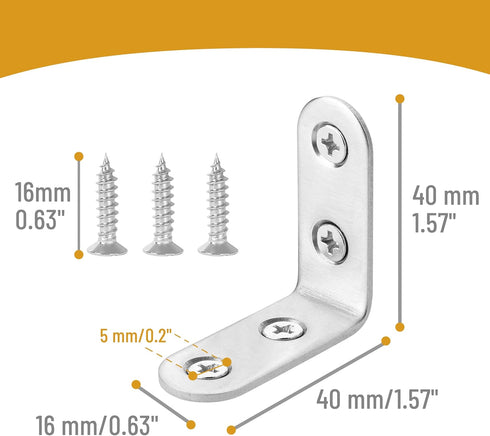 40 Pack 160 1.5"x1.5", Bates- L Brackets for Wood, with pcs Screws, Stainless Steel, L Brackets for Shelves, Corner