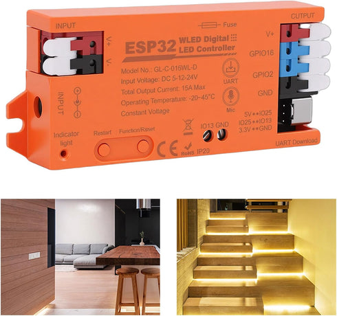 15A WS2812 SK6812 TM1814 FTVOGUE LED Strip Controller, Built in Mic Support Dynamic Lighting APP Control WLED Firmware