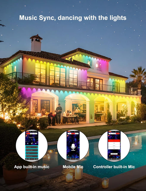 100ft 50 IP68 RGB+ IC Permanent Outdoor Lights, Eaves Lights with LED Lights, Waterproof, Music Sync with Remote