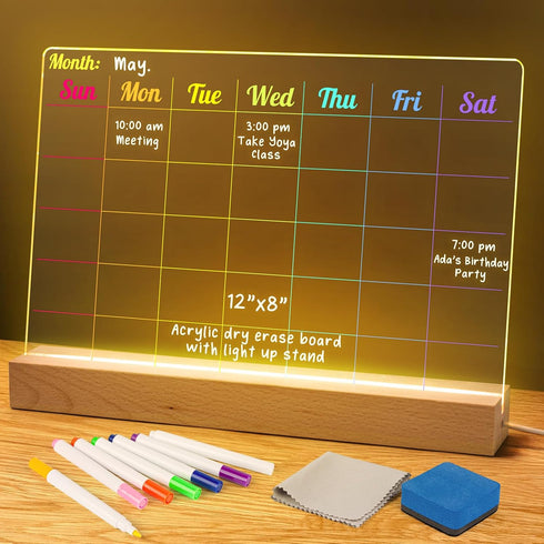D-FantiX Acrylic Dry Erase Board with Light Up Stand 12 x 8 Inch, Clear Desktop Calendar Whiteboard