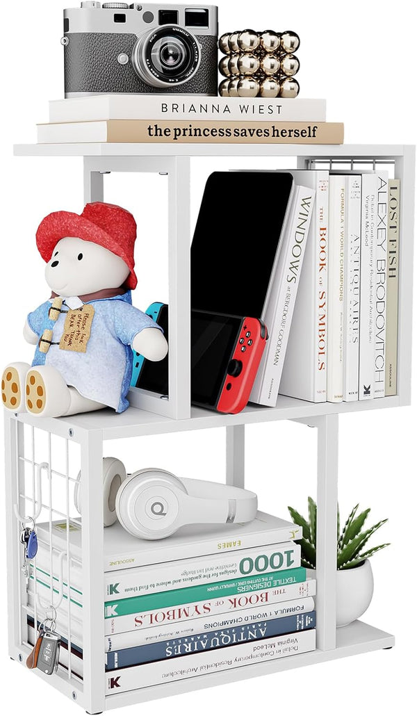 Vfelf Desktop Bookshelf Organizer, White 3-Tier Desk Shelf with Metal Hook Workspace Organizers