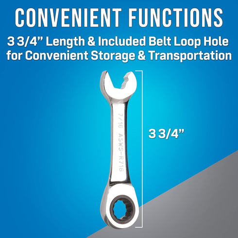 ASWS-R716, 7/16" Jonard Tools Stubby Ratcheting Combination Speed Wrench, Angled Head