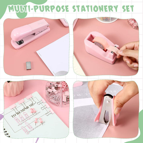 Office Supplies Set Desk Accessory Kit, Includes Stapler, Tape Dispenser, Clips, for Women Christmas Gift (Pink)