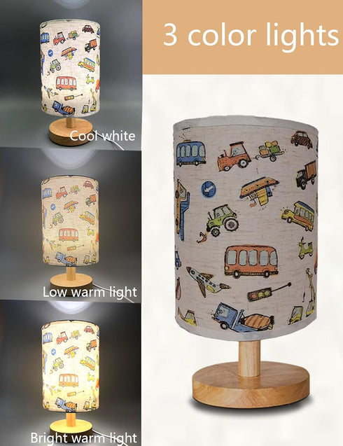 Lamp,3 Dimmable Kids Lamps for Bedrooms Boys,Car Level Wood Nightstand Desk Base Flaxen Fabric Shade for Bedroom Living