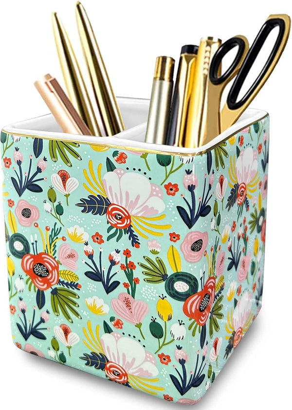 Pen Holder for Desk, Ceramic 2 Compartments Gold Garden Floral Pencil Holder, Women Organizer for Office Home