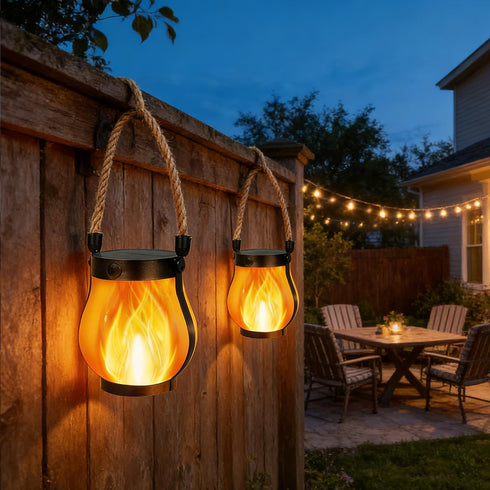 2 Pack 2 Upgraded Solar Lanterns, Solar Lights Outdoor, Solar Flame Lanterns, Lighting Modes & Dual Charging Way USB