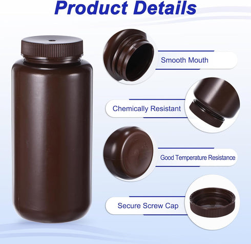 PATIKIL 4 Pcs 1000ml Reagent Bottles, PE Wide Mouth Round Bottles with Screw Cap for Lab Storage