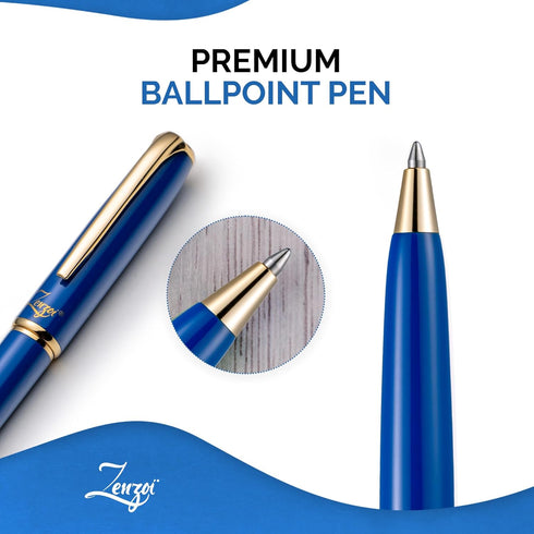 ZenZoi Blue Ballpoint Pen - Premium Pen with Gold Trim, Smooth Writing Schmidt Ink Refills, Luxury Gift Set