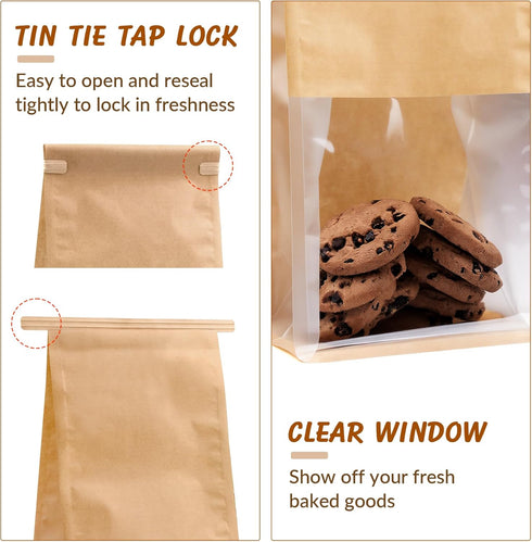 Cegzer 60 4.2x8.6x11.3 Inches Packaging Pcs Bread Bags for Homemade Bread, Sourdough Paper With Window, Ties Tab Lock