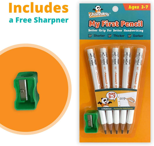 Channie's My First Pencil, Easy-to-Hold Presharpened Jumbo Pencils for Preschoolers, Kindergarteners & 1st Graders, White Wooden 2B Fat Pencils for Kids Ages 3-7, Pack of 2 (5 Each) & Sharpener by Channie's