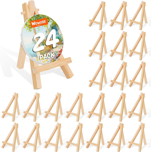 WOWOSS 24 Pack 5" Mini Wood Display Easel, Natural Wooden Tripod Holder for Small Canvases, Business Cards, Photos