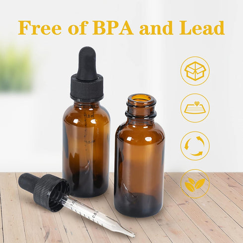 24 Pack Amber Glass Dropper Bottles - 1 oz Boston Bottles with Eye Droppers and Black Caps for Essential Oils
