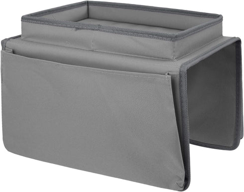 Sofa Armrest Organizer with Top Tray, 5 Pockets for Couch Recliner, Foldable Bedside Caddy Storage Bag (Grey)