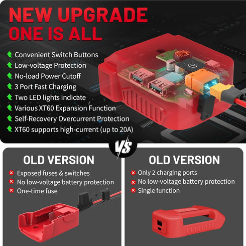 Multi-Functional USB Charger Adapter & Power Wheels Battery Adapter for Milwaukee 18V Battery with 2 USB Ports