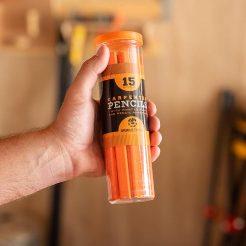 Professional Carpenter Pencils Kit with Storage: 15 Flat Pencils, Sharpener, Durable PVC Container for Construction
