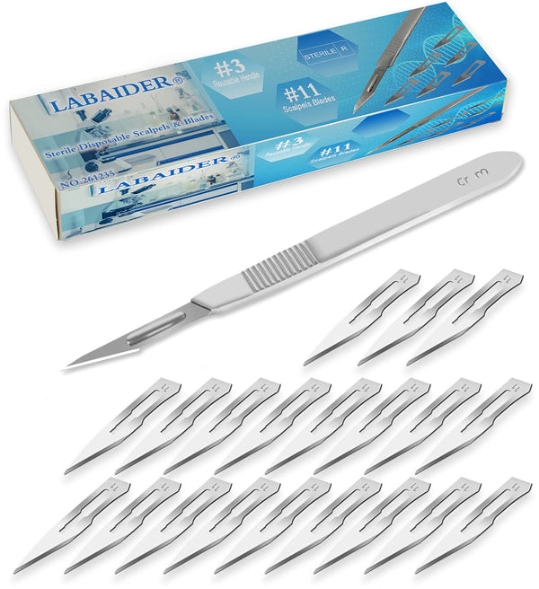 Surgical Grade Blades #11, 20pcs Sterile with #3 Scalpel Knife Handle for Biology Lab