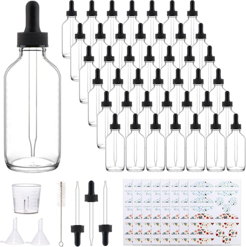 42 Pack 4oz Clear Glass Bottles with Glass Eye Droppers for Essential Oils, Perfumes & Lab Chemicals (Includes Brush,