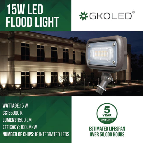 15W 1500 50W 5000K 120-277V, GKOLED LED Floodlight, Outdoor Security Fixture, Waterproof, Lumens, MH Equivalent