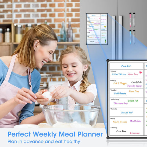 Magnetic Weekly Calendar for Fridge, 12×8”, Double-Sided Grocery List & Kitchen Menu Planner Board with 4 Markers