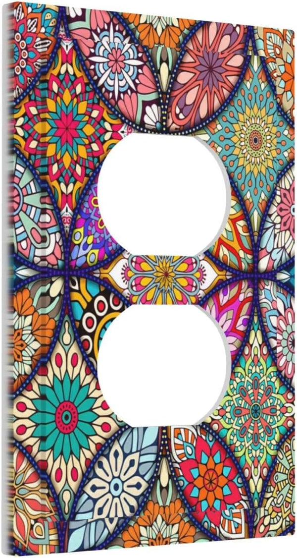 Bohemian Duplex Decorative Outlet Covers, 1 Gang Electrical Receptacle Plate, Colorful Vintage Floral Mandala Faceplate