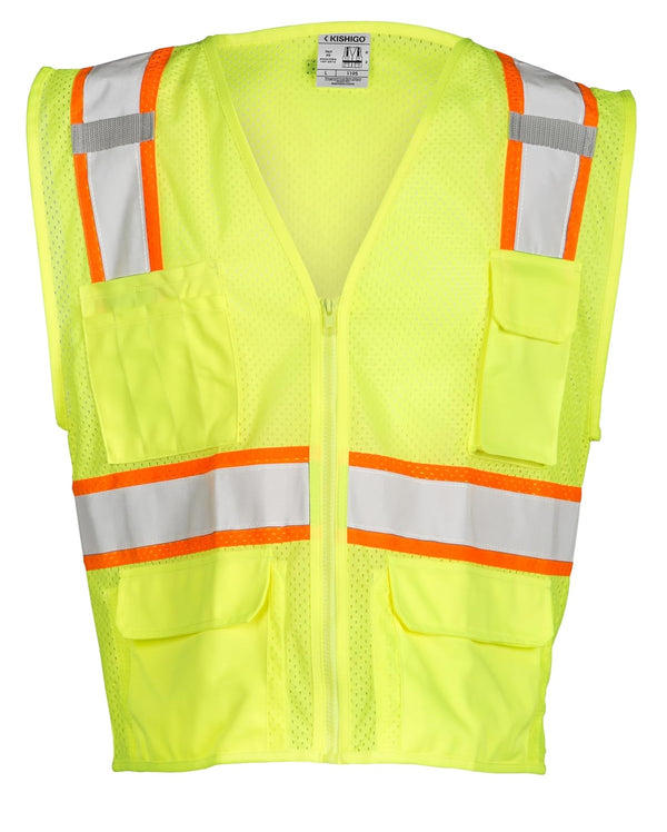 Kishigo All Mesh Contrast Unisex Reflective Safety Vest 1195, ANSI Type R/Class 2, Silver & Orange, 6 Pockets (Lime, L)
