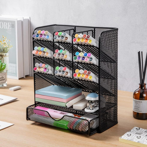 Spacrea Metal Desk Organizer with Drawer, Pencil Holder for School, Home, Art Supplies (Black)