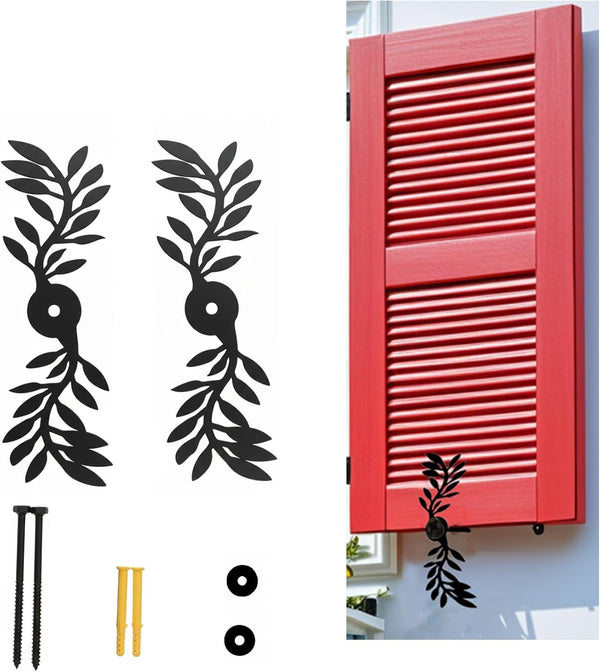 Black Leaf Shaped Shutter Tieback, 7-Inch Decorative Shutter Holder with Installation Hardware,