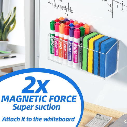 Large Magnetic Dry Erase Marker Holder, Magnetic Glass Whiteboard Holder with Movable Dividers, Strong Pencil Holder