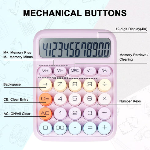 Mechanical Switch Calculator with Big Buttons, 12 Digits, Large LCD Display, Cute Pink Calculator for Office
