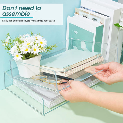 Yulejo 2 Pcs Acrylic Desk Organizers, Tier Paper File Organizer Tray, Stackable Clear Desk Accessories