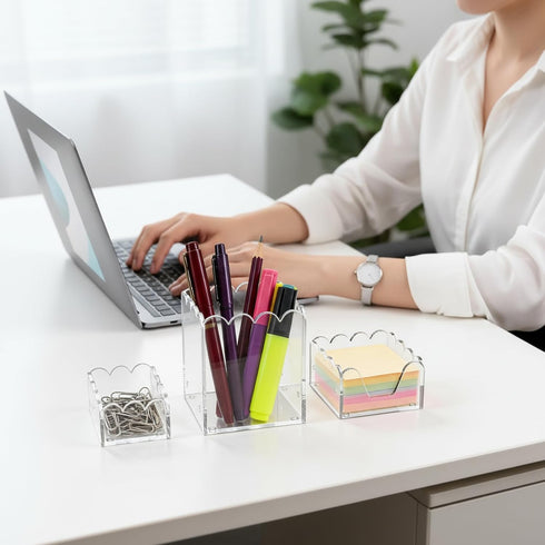 Set 3, YAGELI Clear Acrylic Desk Organizer of Magnetic Modular Pen Holder with Sticky Notes & Paperclip Tray, Aesthetic
