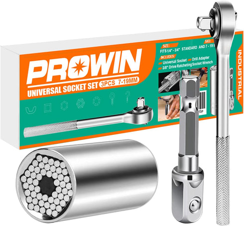 Prowin 3pcs Universal Socket Wrench Ratchet Tool Sets for Men, Father's Day Gifts, Power Drill Adapter, Retract to Form